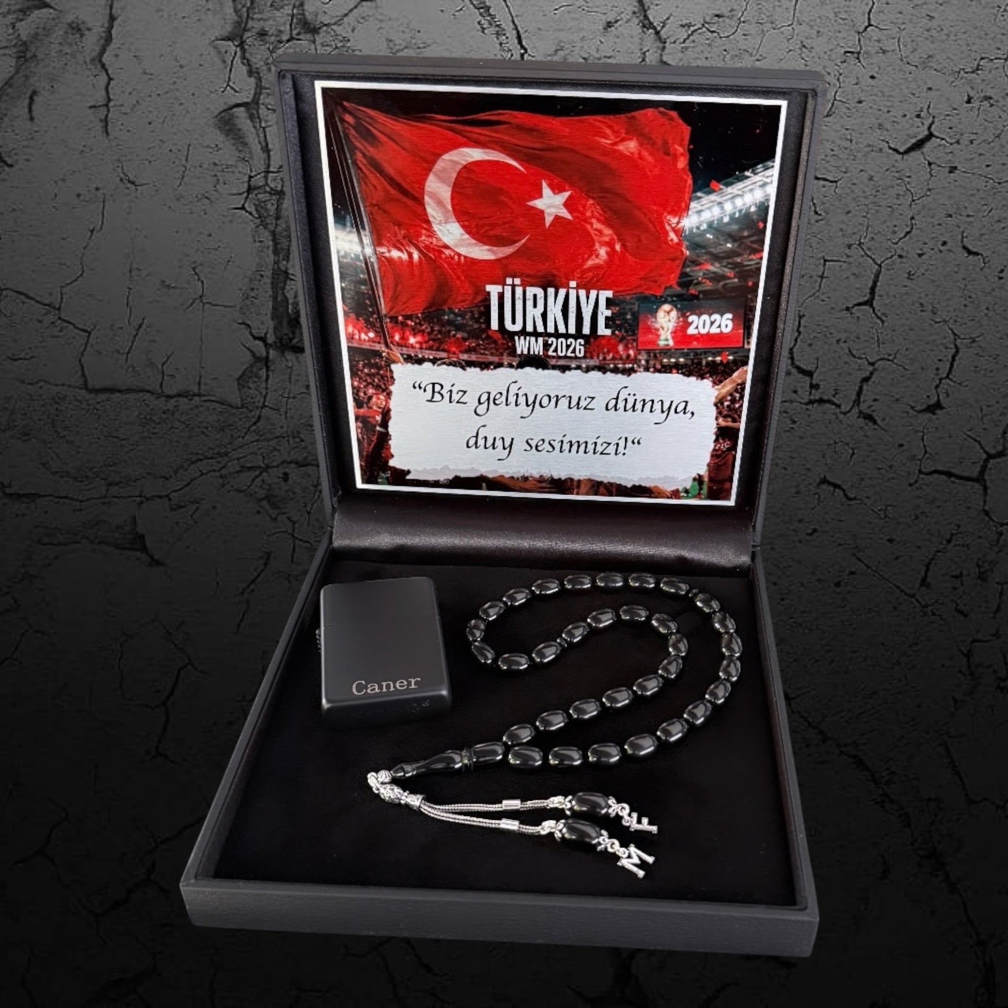 SIKMA KEHRIBAR Tesbih 925 Silber Taraftar Set Türkiye mit 2 Buchstaben und Feuerzeug