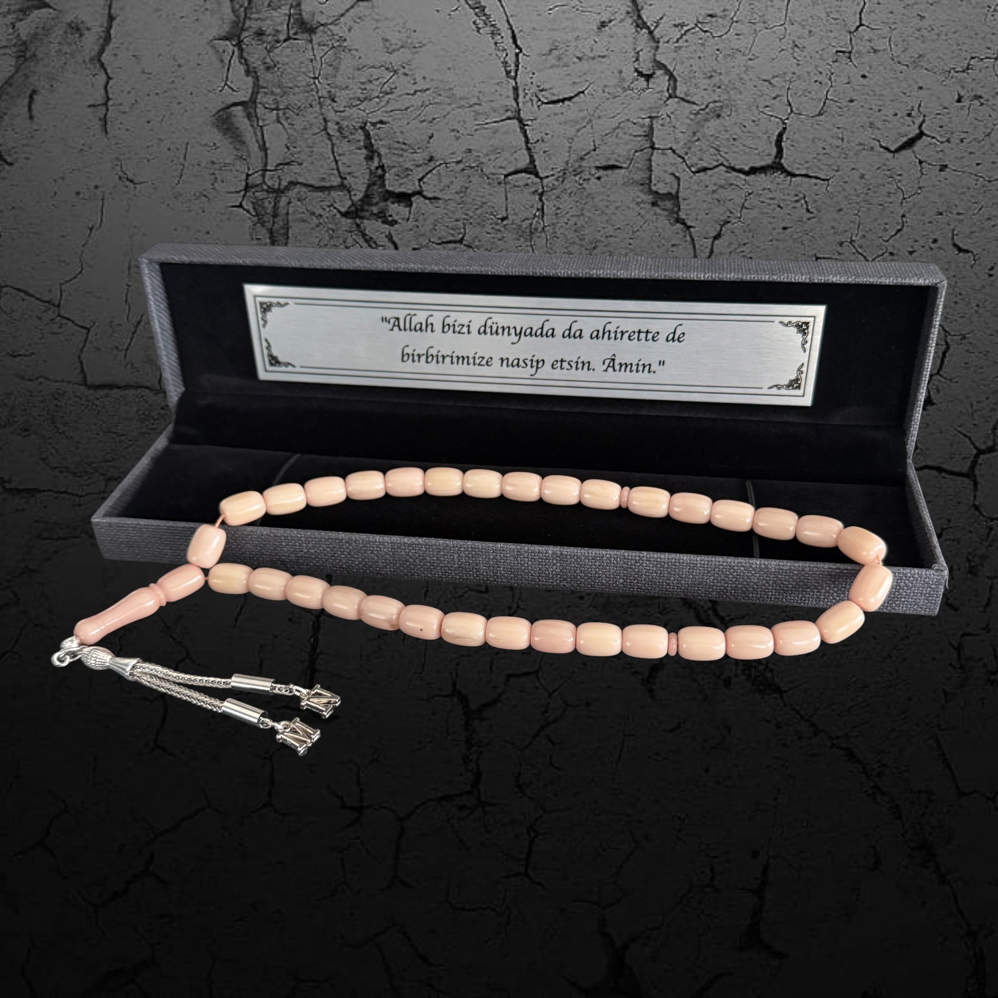 Personalisiertes Cremefarbenes Ateş Sıkma Kehribar Tesbih mit 2 Initialen & Geschenkbox