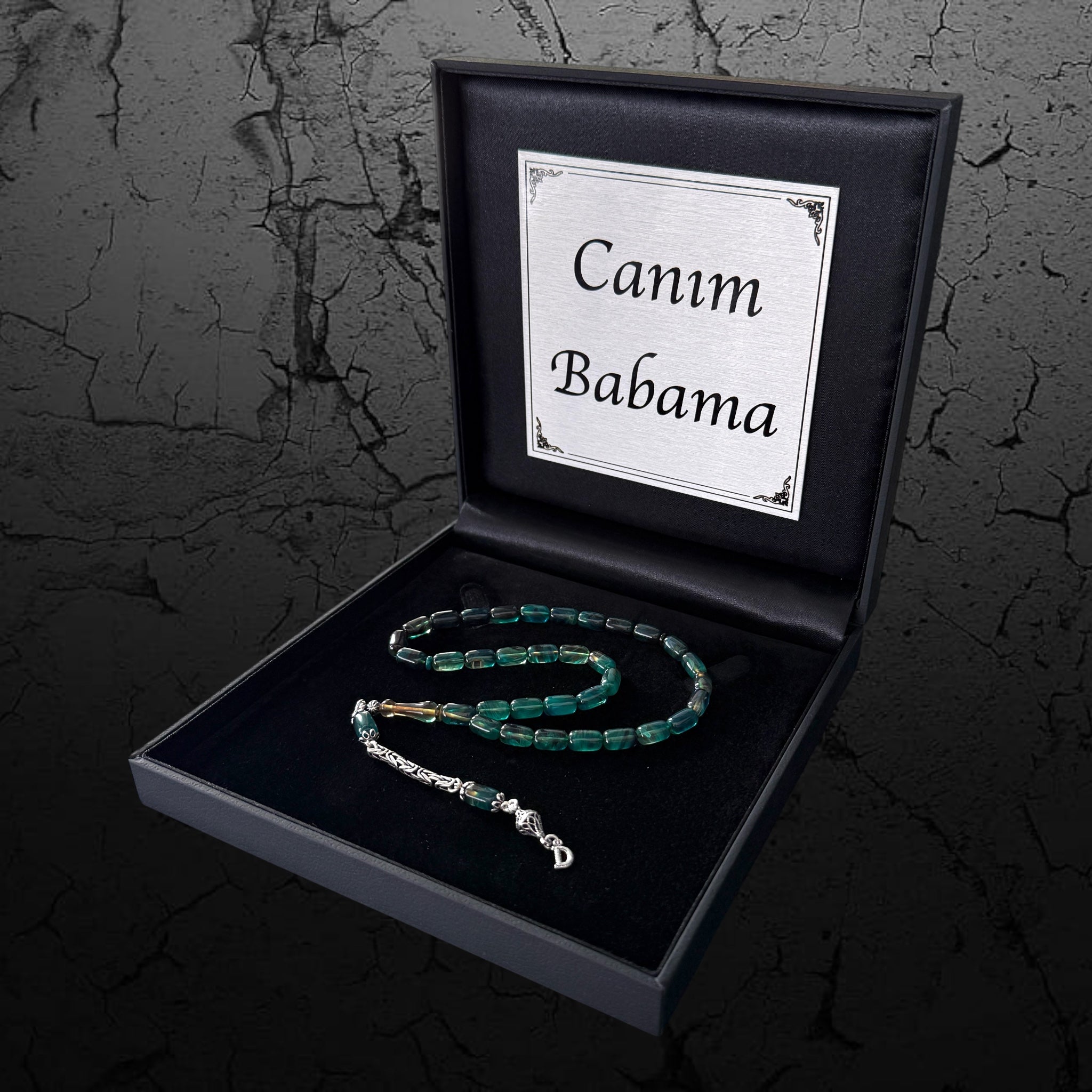 Tesbih Set SIKMA Kehribar mit Wunschtext – Personalisierte Gebetskette mit 925 Silber & exklusiver Geschenkbox