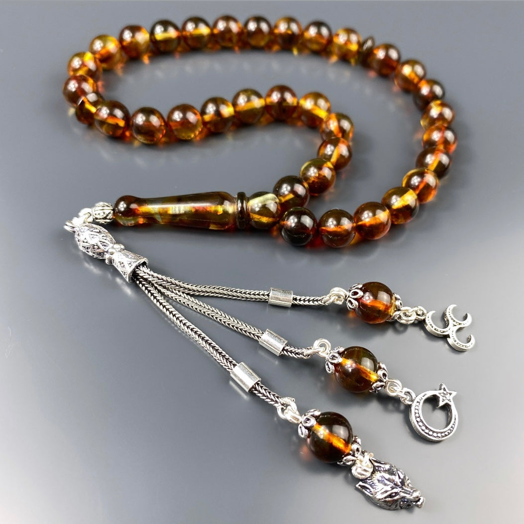 Kehribar Tesbih Kurt-3 Hilal- Ay Yildiz Logo 925 Silber