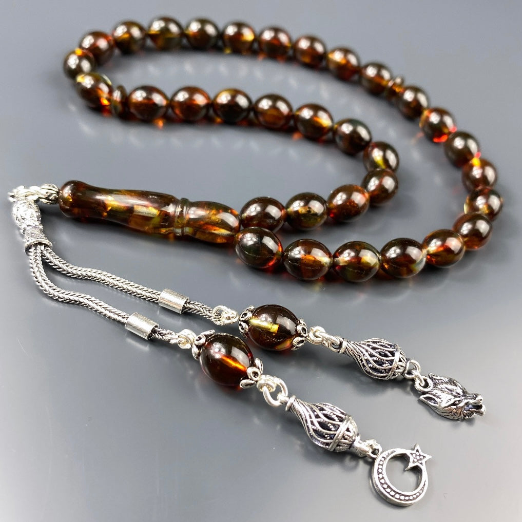 Kehribar Tesbih Ay Yildiz Kurt Logo 925 Silber