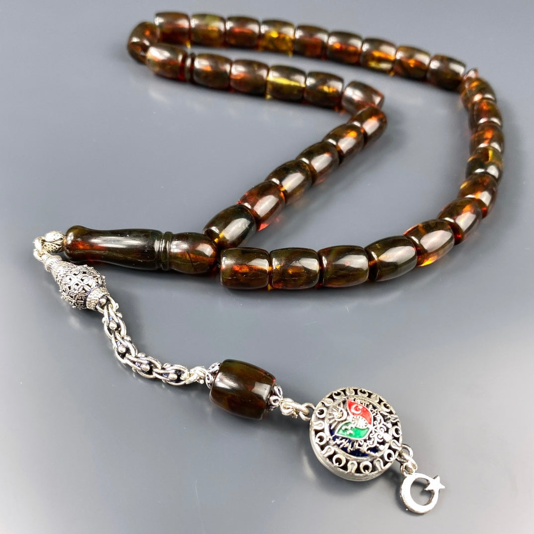 Kehribar Tesbih Osmanli Payitaht Ay Yildiz Logo Braun Büyük Boy 925 Silber