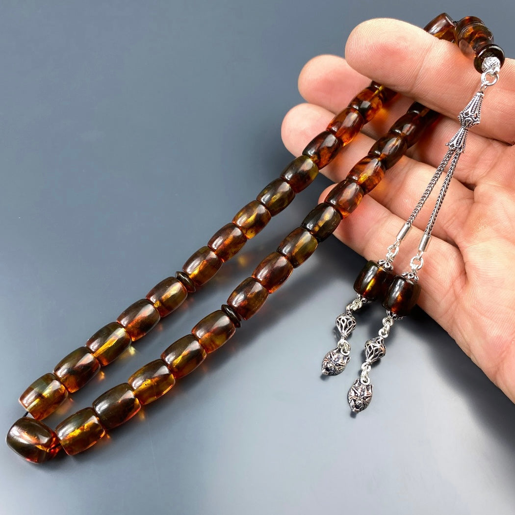 Kehribar Tesbih Kurt Logo Braun Büyük Boy 925 Silber