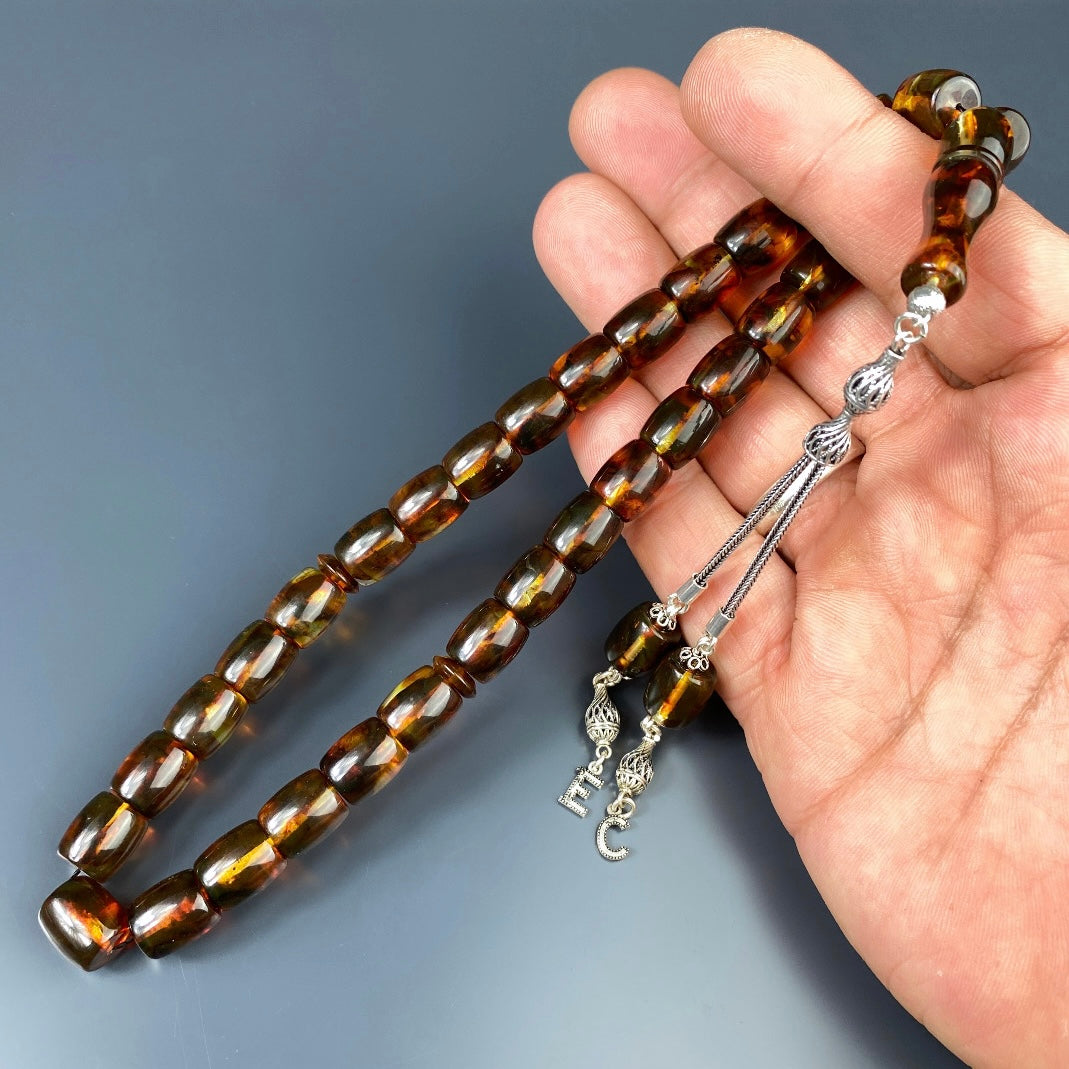 Kehribar Tesbih Braun BÜYÜK BOY 2 Buchstaben 925 Silber Püskül