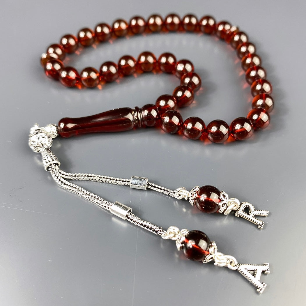 Kehribar Tesbih Braun Misket 2 Harf 925 Silver