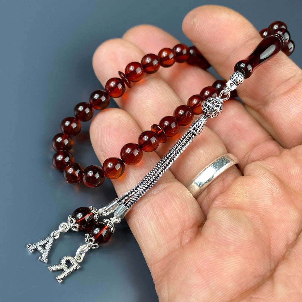 Kehribar Tesbih Braun Misket 2 Harf 925 Silver