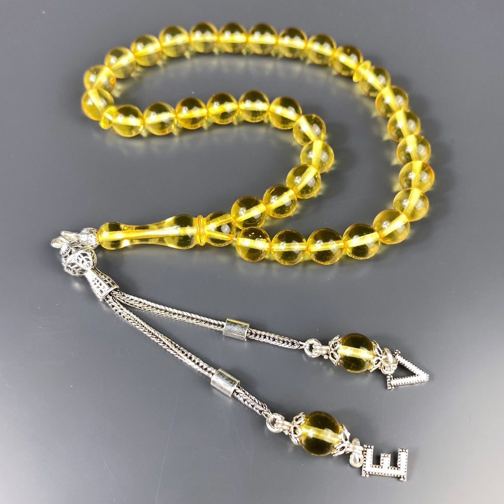 Kehribar Tesbih Gelb Misket 2 Harf 925 Silver