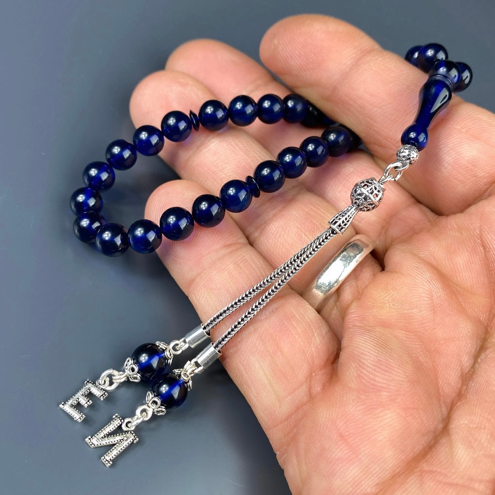 Kehribar Tesbih Blau Misket 2 Harf 925 Silver