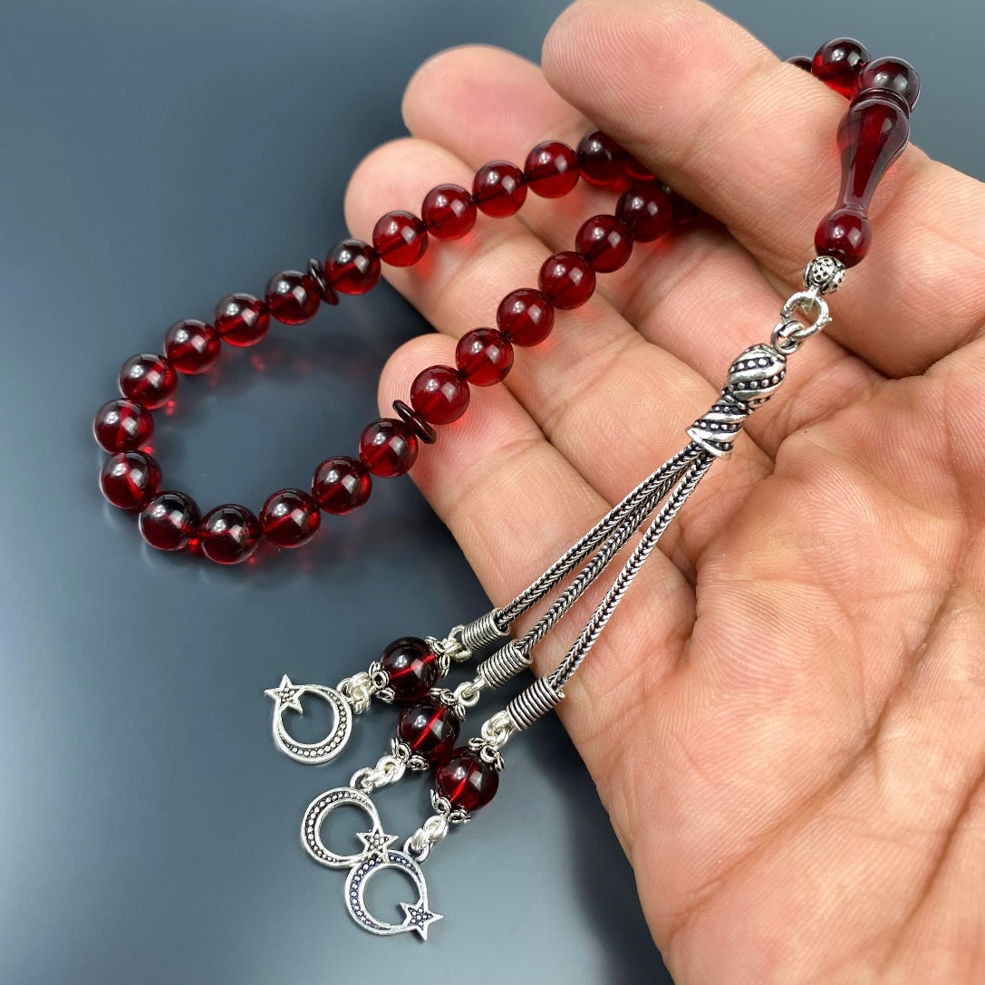 Kehribar Tesbih Rot 925 Silber Ay Yildiz Logo Püskül