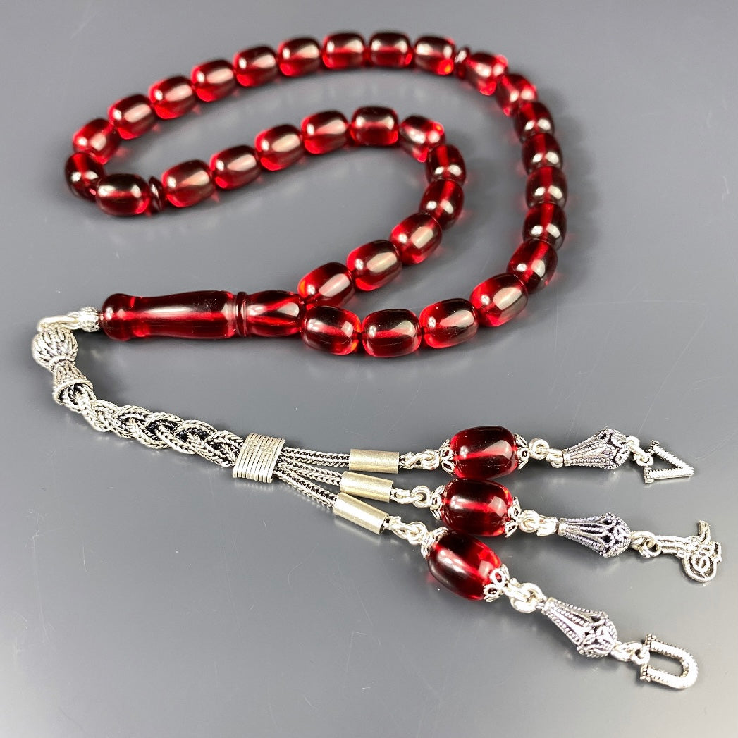 Kehribar Tesbih Rot 925 Silber - Harf ve Logo Silber 925