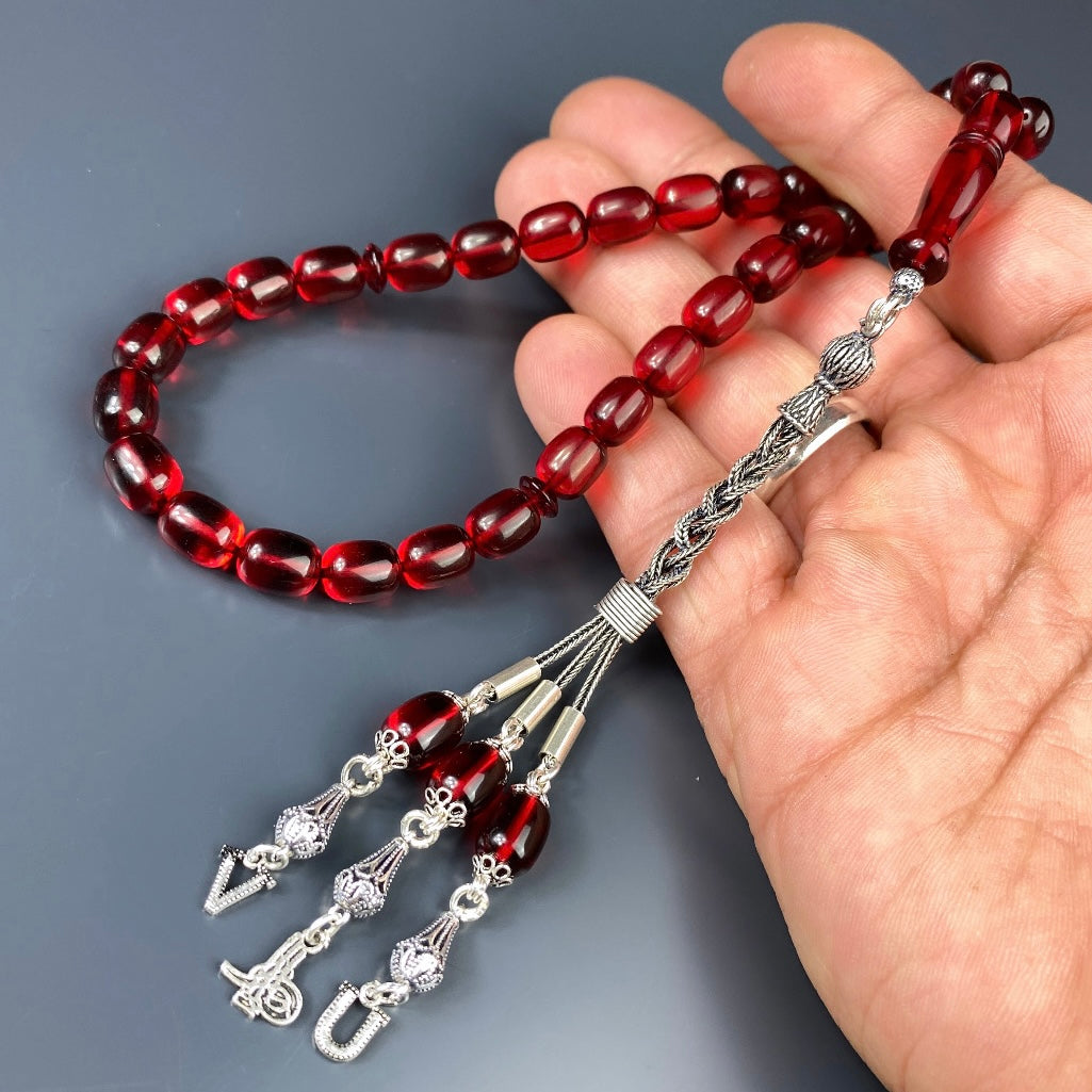 Kehribar Tesbih Rot 925 Silber - Harf ve Logo Silber 925