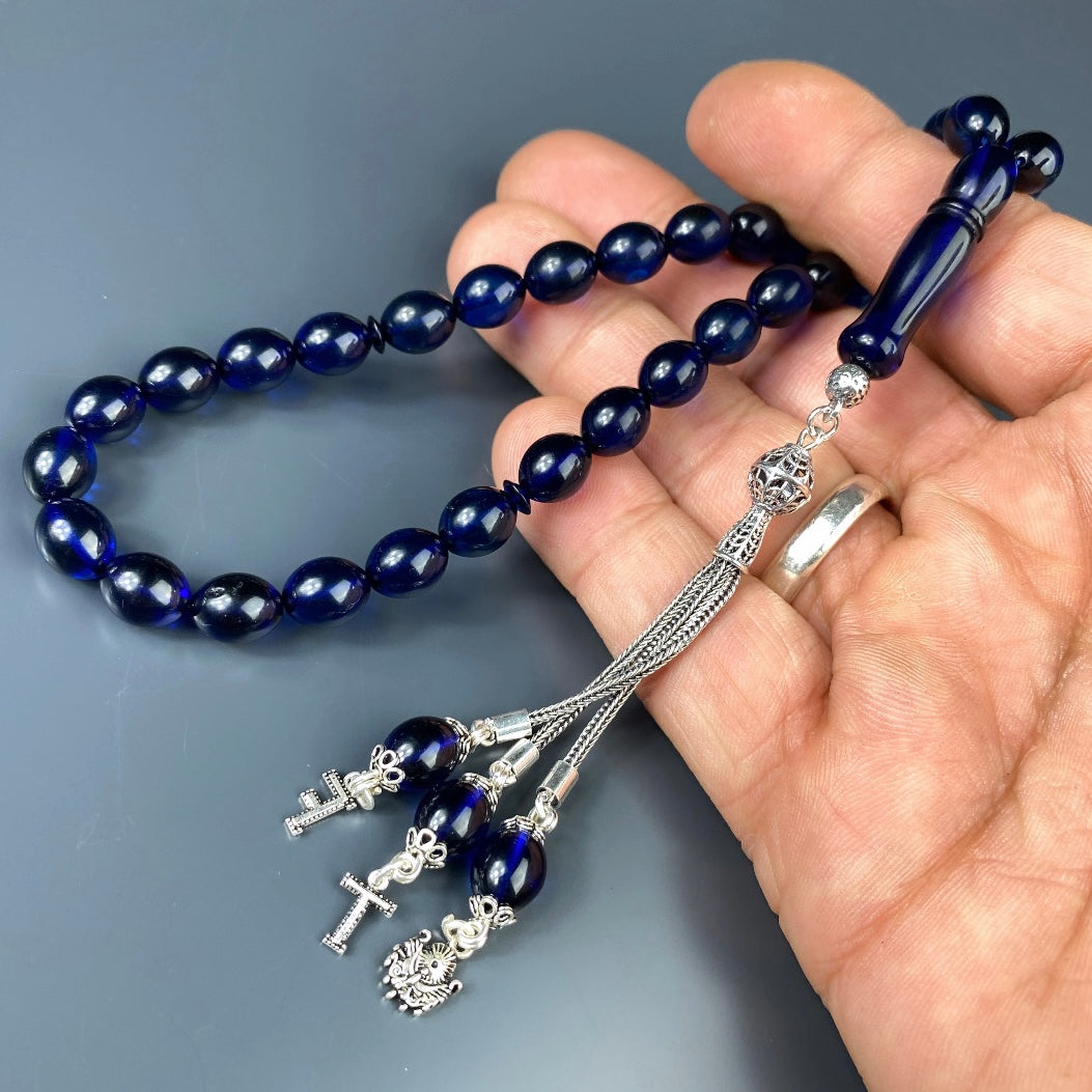 Kehribar Tesbih Blau Beyzi 925 Silber - Harf ve Logo Silber 925
