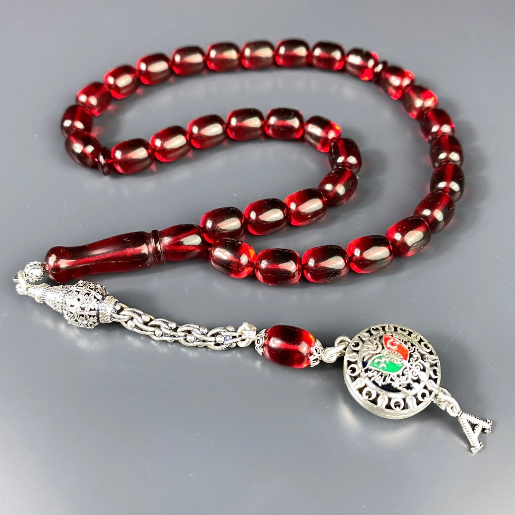 Kehribar Tesbih Rot Kapsül / Özel Osmanli Püskül & Harf Silber 925