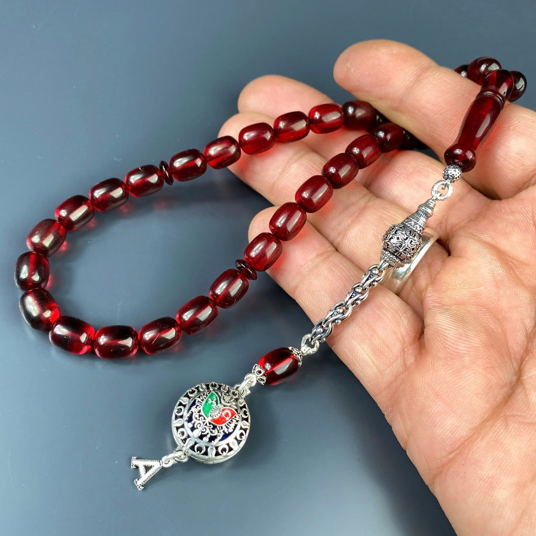 Kehribar Tesbih Rot Kapsül / Özel Osmanli Püskül & Harf Silber 925