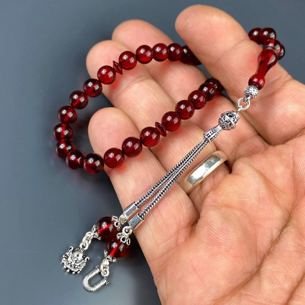 Kehribar Tesbih Rot Küre 925 Silber / Harf-Logo Silber 925