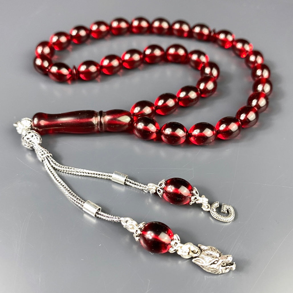 Kehribar Tesbih Rot Beyzi 925 Silber / Harf & Kurt Logo Silber 925