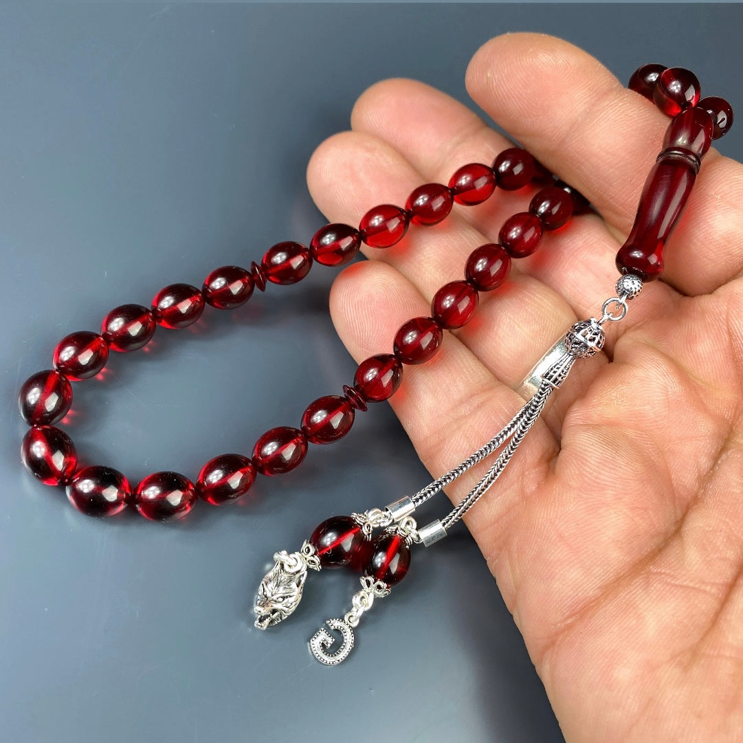 Kehribar Tesbih Rot Beyzi 925 Silber / Harf & Kurt Logo Silber 925