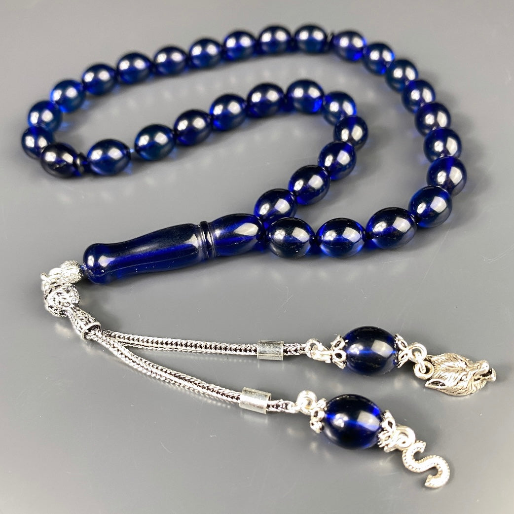 Kehribar Tesbih Blau Beyzi 925 Silber / Harf & Kurt Logo Silber 925