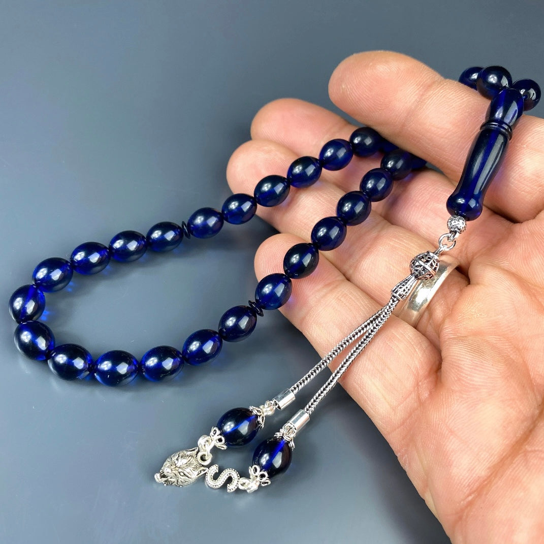 Kehribar Tesbih Blau Beyzi 925 Silber / Harf & Kurt Logo Silber 925