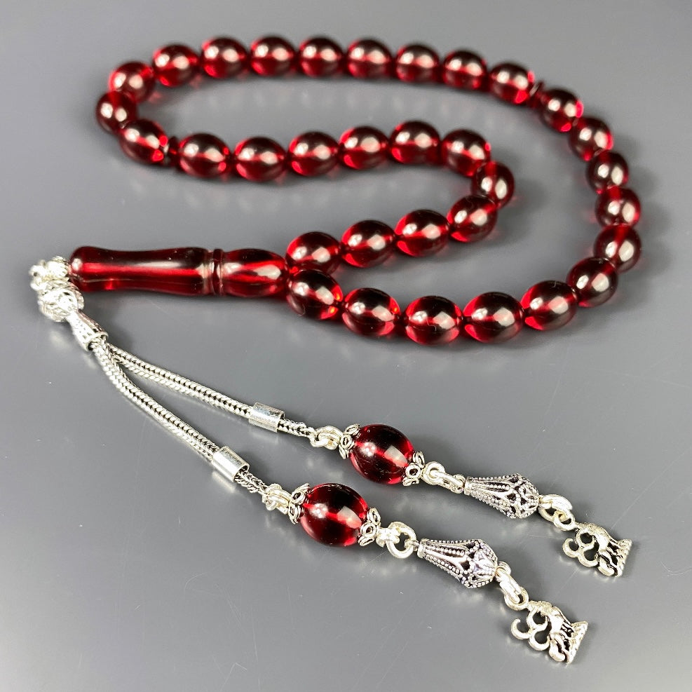 Kehribar Tesbih Rot Beyzi / Kurt 3 Hilal Logo Silber 925