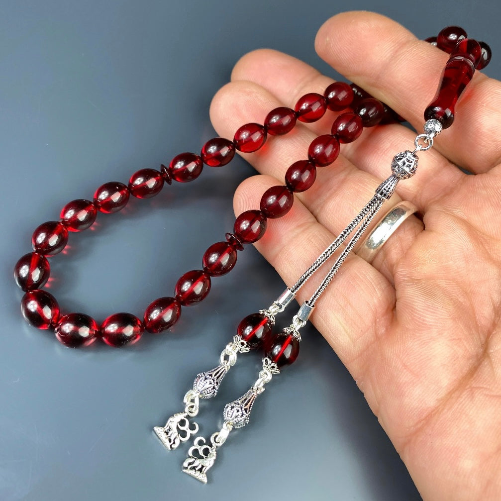 Kehribar Tesbih Rot Beyzi / Kurt 3 Hilal Logo Silber 925