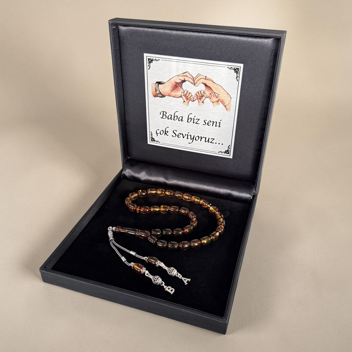 Echter Kehribar Tesbih mit 925 Silber Anhängern und personalisierter Geschenkbox
