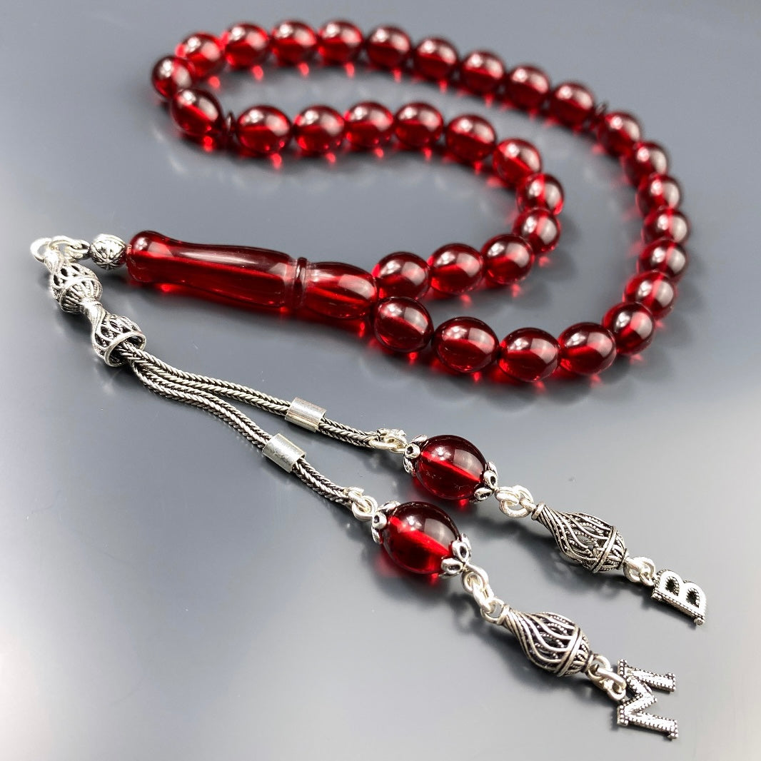 Kehribar Tesbih Beyzi Rot 2 Buchstaben 925 Silber