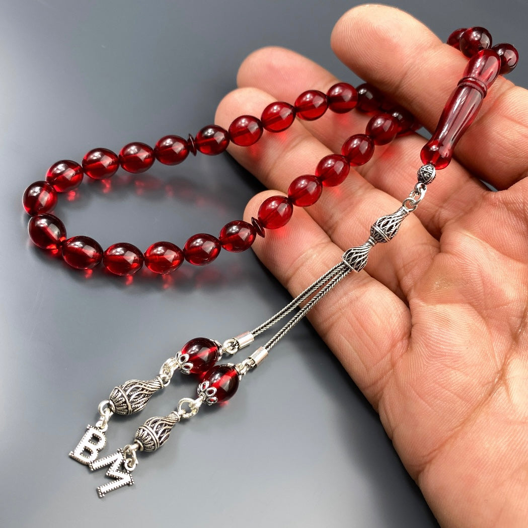 Kehribar Tesbih Beyzi Rot 2 Buchstaben 925 Silber