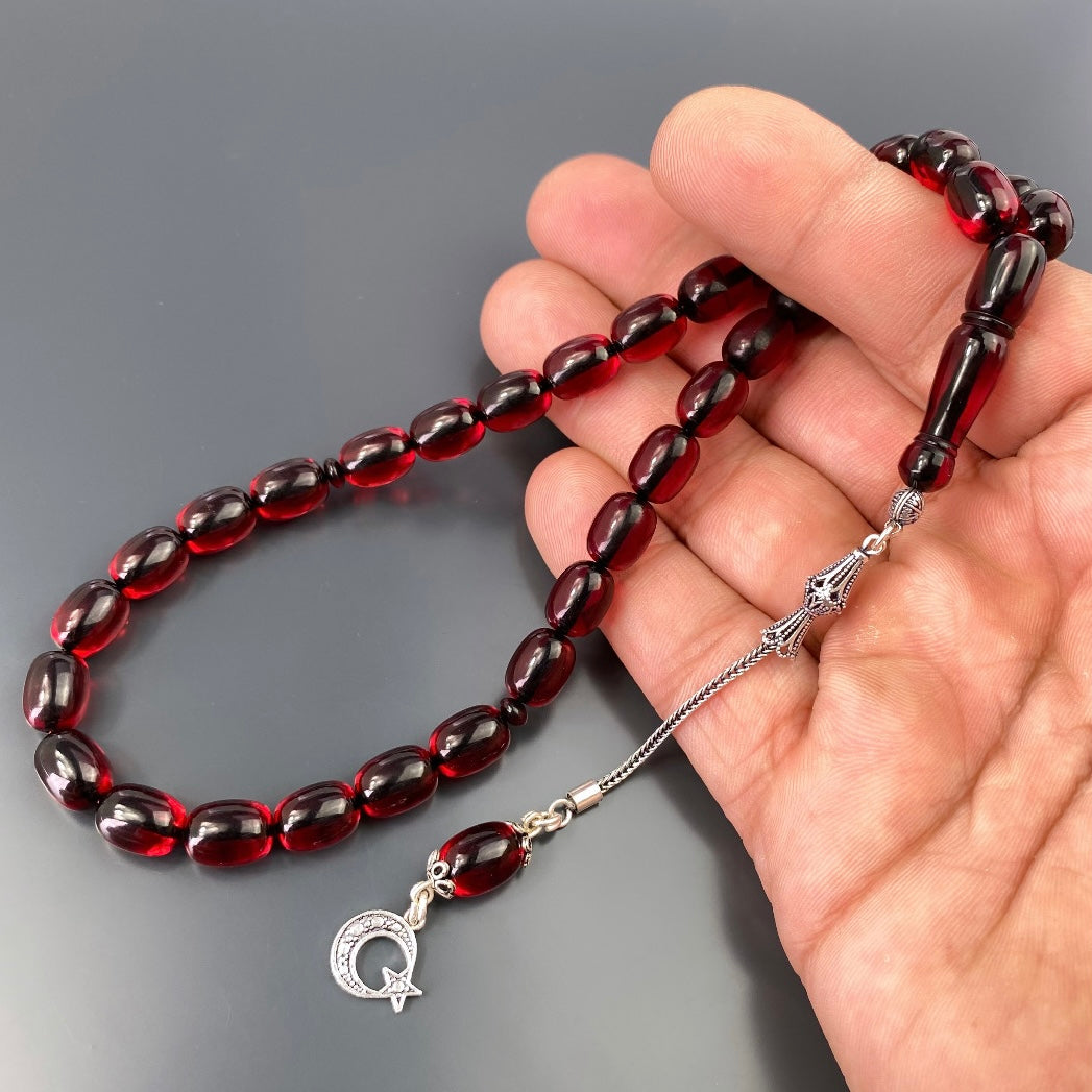 Tesbih Kehribar Ates Sikma Ay Yildiz Logo Gümüs Püskül