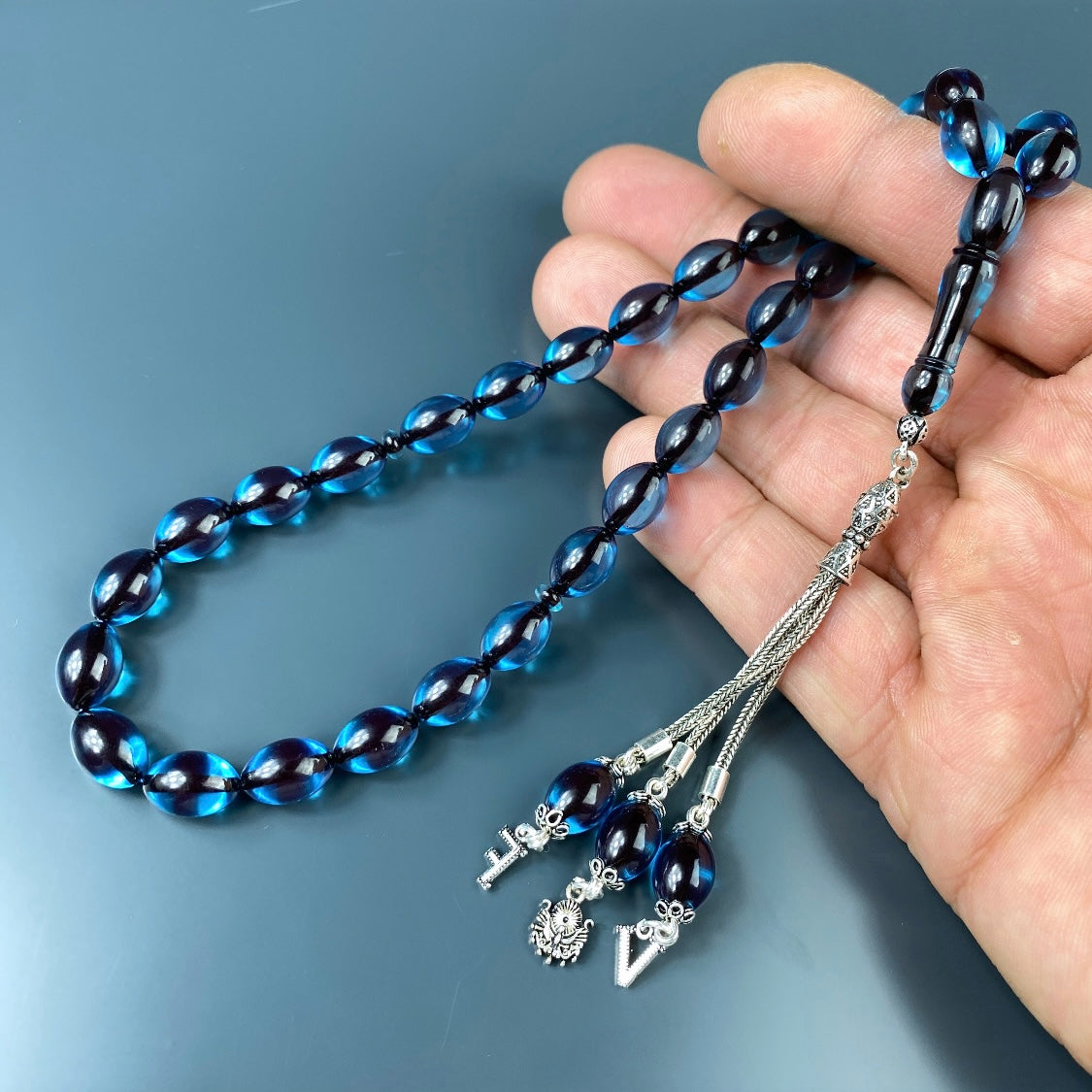 Tesbih Kehribar SIKMA Sky Blue 2 Buchstaben & Logo  925 Silber