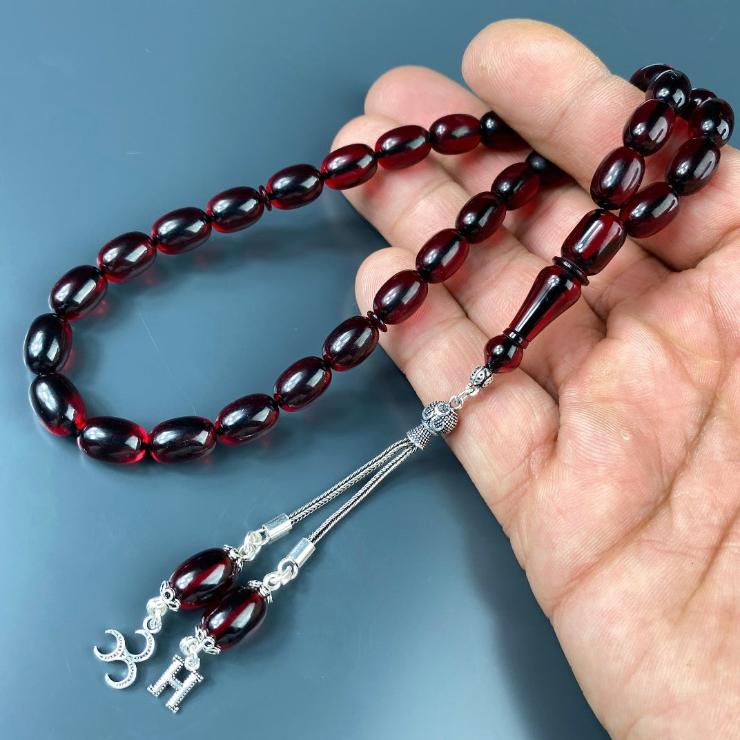 Tesbih Kehribar SIKMA Rot 3 Hilal Logo - 1 Buchstaben 925 Silber