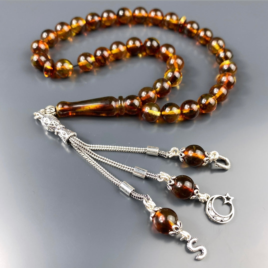 Kehribar Tesbih 2 Buchstaben Ay Yildiz Logo 925 Silber