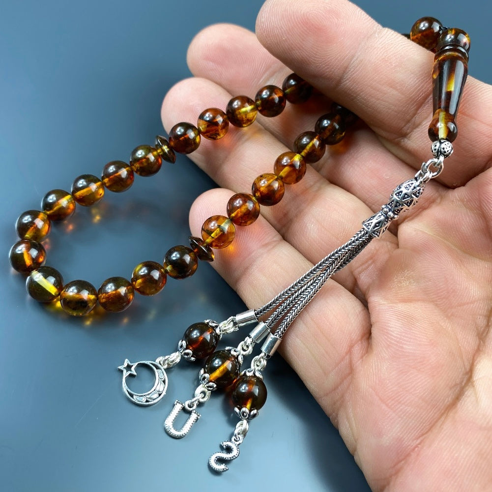 Kehribar Tesbih 2 Buchstaben Ay Yildiz Logo 925 Silber