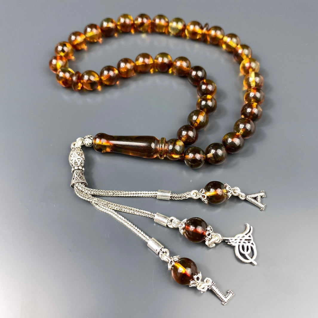 Kehribar Tesbih Braun 925 Silber - 2 Harf Tugra Logo