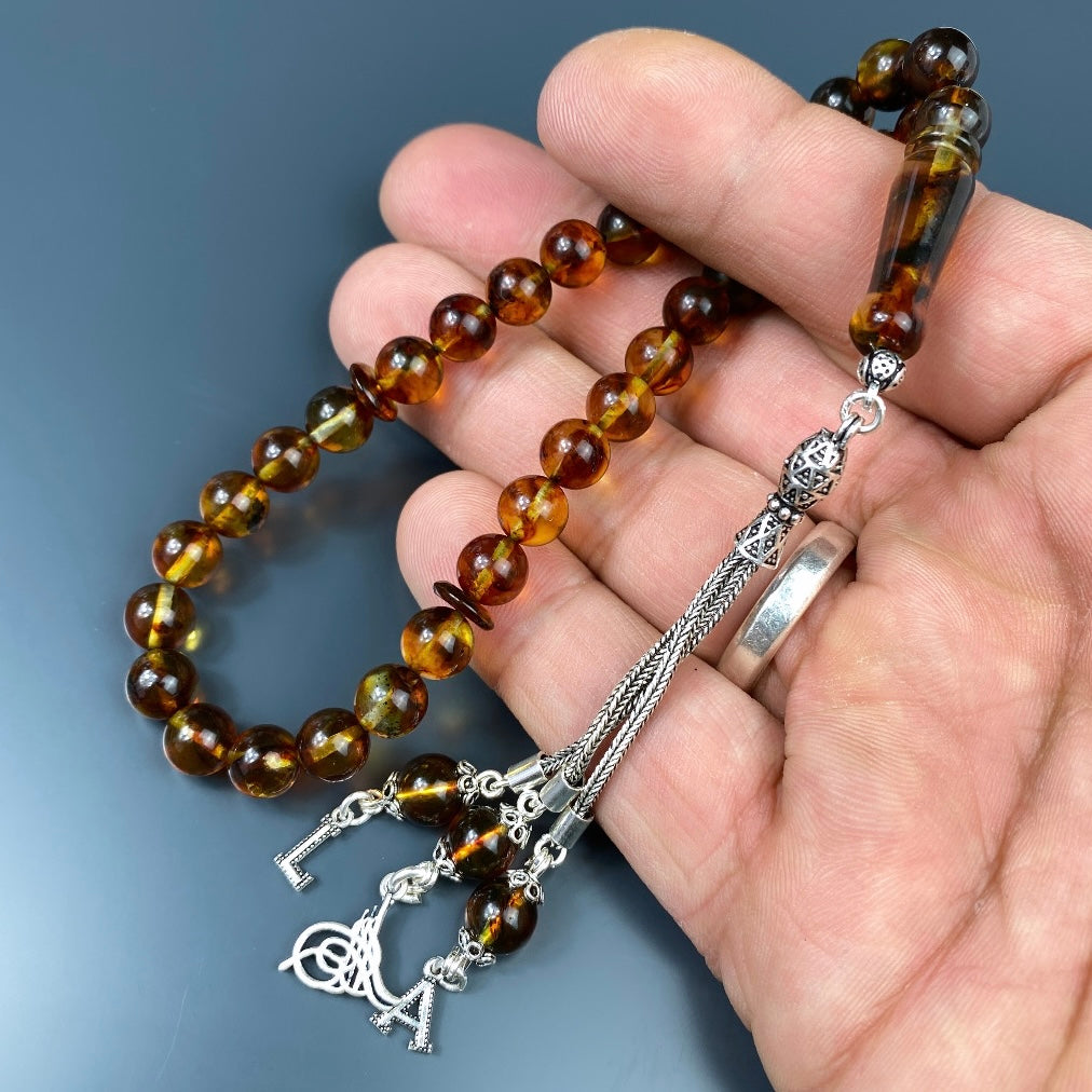 Kehribar Tesbih Braun 925 Silber - 2 Harf Tugra Logo