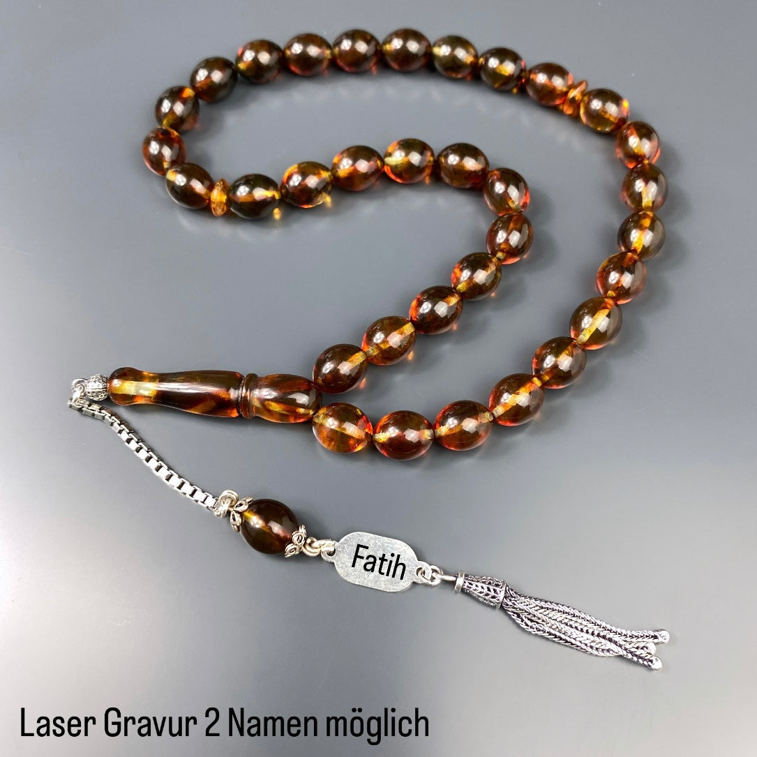 Kehribar Tesbih 925 Silber - 2 Namen Gravur Püskül