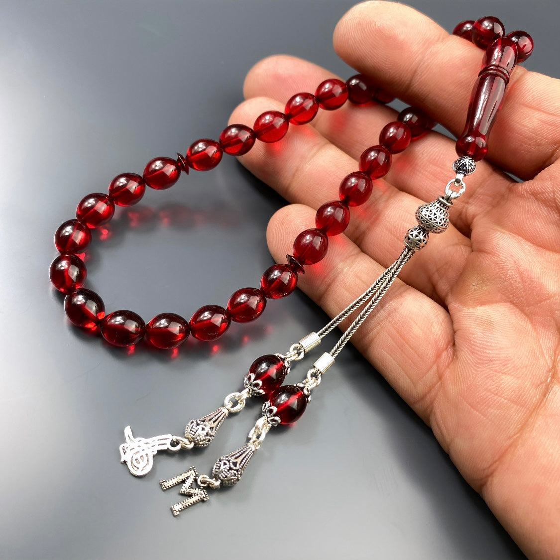 Kehribar Tesbih Rot 1 Buchstaben und Logo 925 Silber