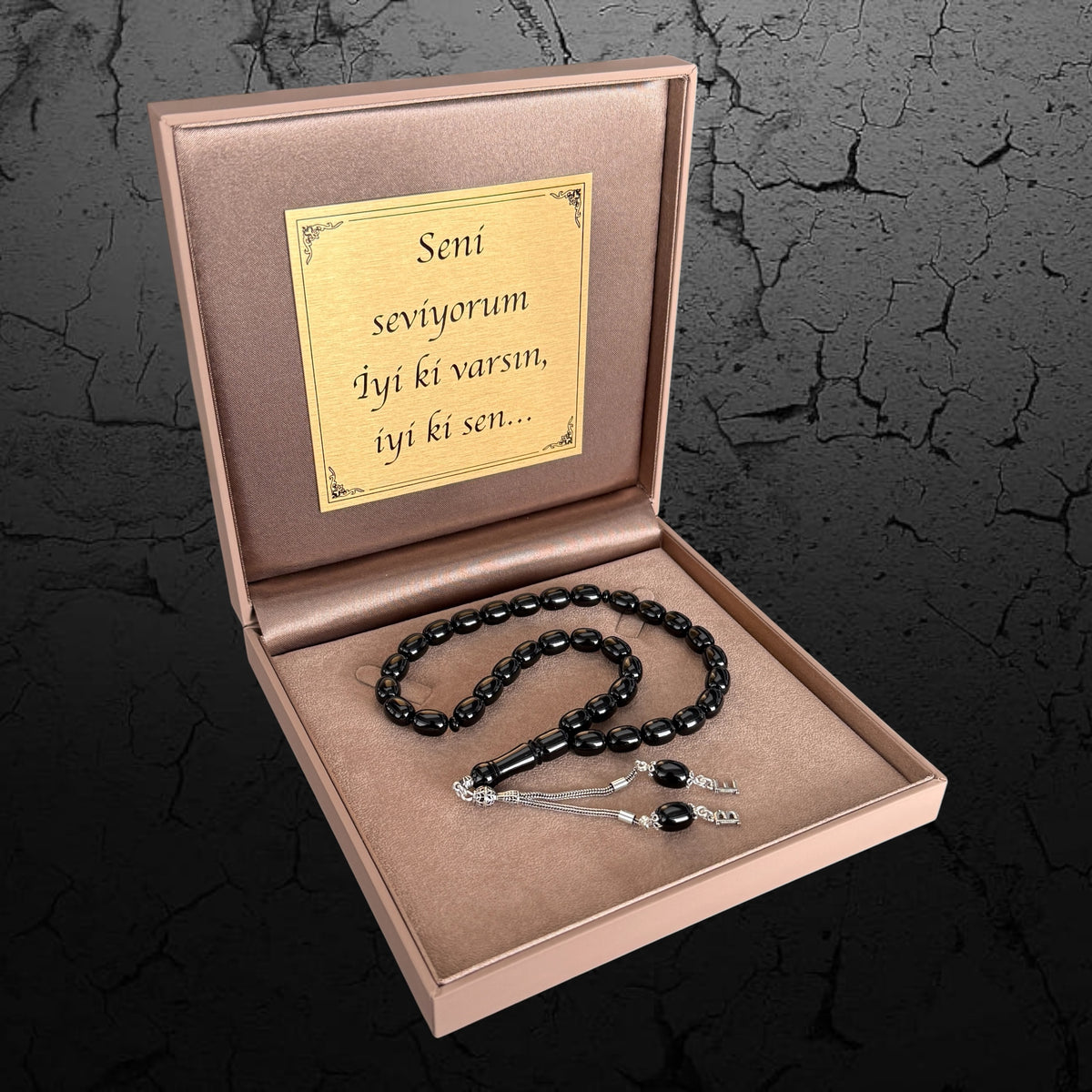 SIKMA Kehribar 925 Silber Tesbih Black Kapsül mit 2 Buchstaben Geschenkbox und Wunschtext