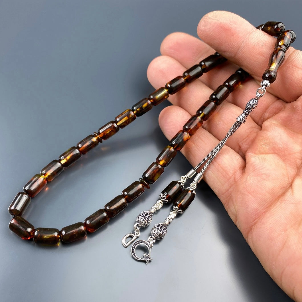 Kehribar Tesbih Braun Kapsül 1 Buchstabe & Logo 925 Silber