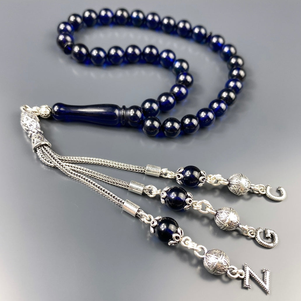 Kehribar Tesbih Blau 3 Buchstaben 925 Silber Püskül