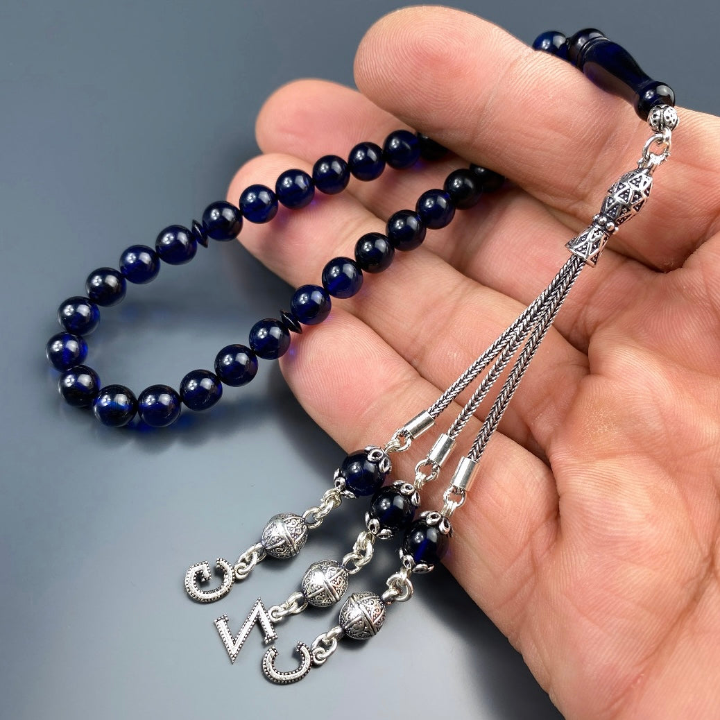 Kehribar Tesbih Blau 3 Buchstaben 925 Silber Püskül