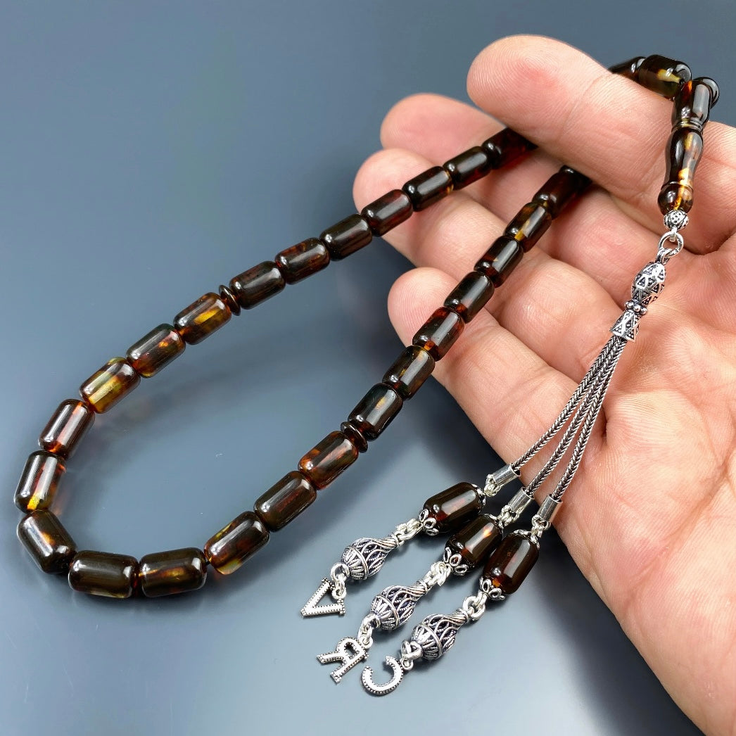 Kehribar Tesbih Braun Kapsül 3 Buchstaben 925 Silber