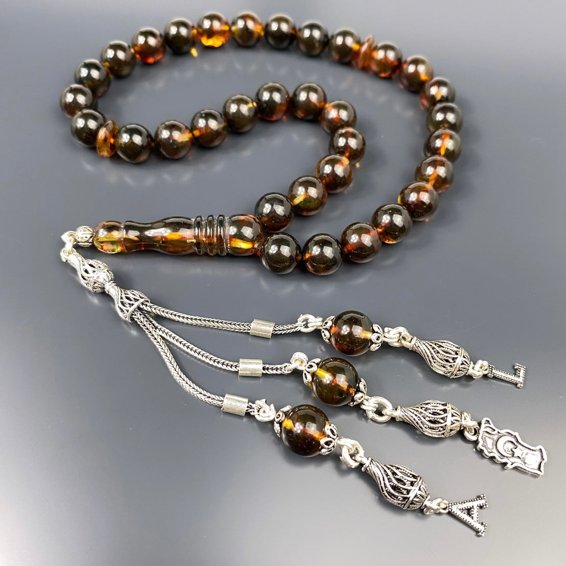 Kehribar Tesbih Braun 925 Silber Vatan Logo & 2 Buchstaben Püskül
