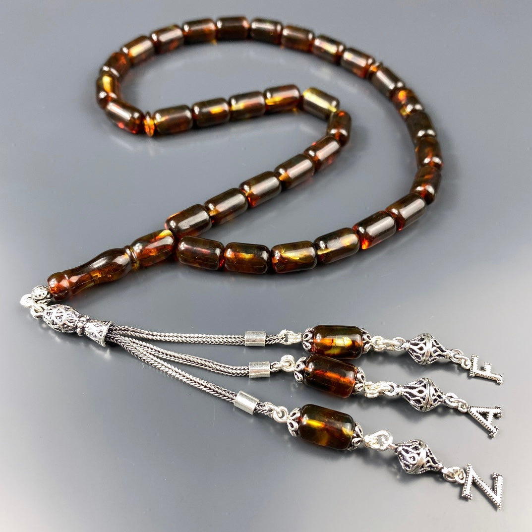 Kehribar Tesbih Braun Kapsül 3 Buchstaben 925 Silber