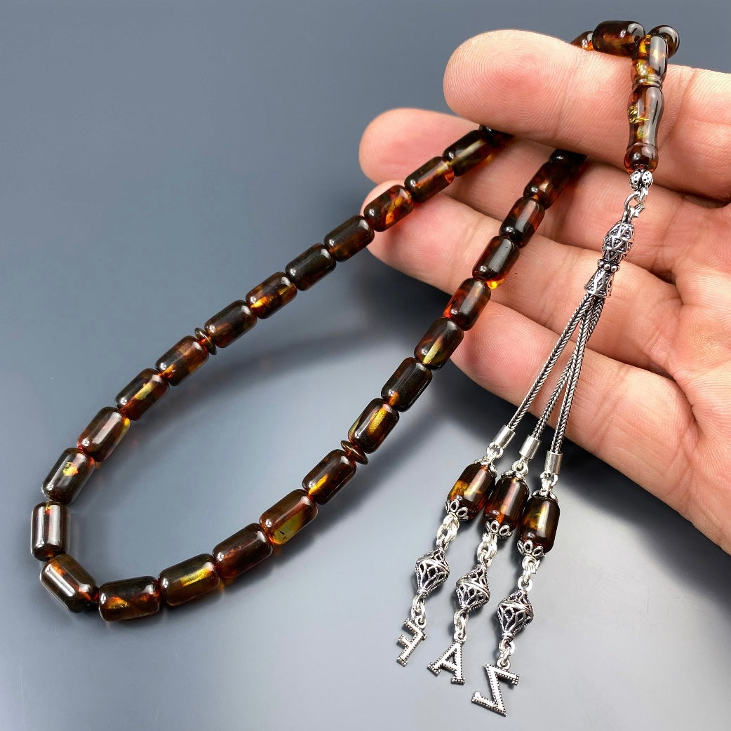 Kehribar Tesbih Braun Kapsül 3 Buchstaben 925 Silber