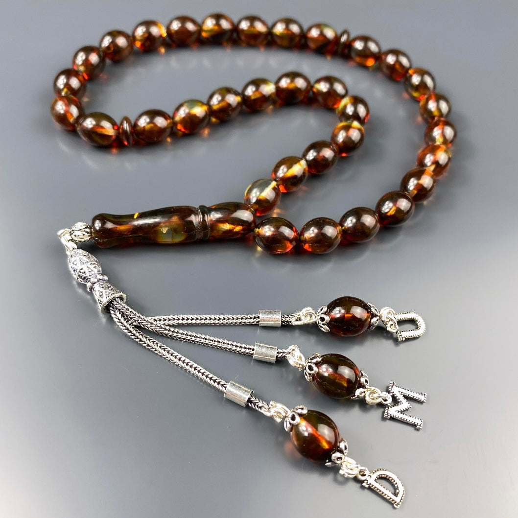 Kehribar Tesbih Beyzi Braun 3 Buchstaben 925 Silber