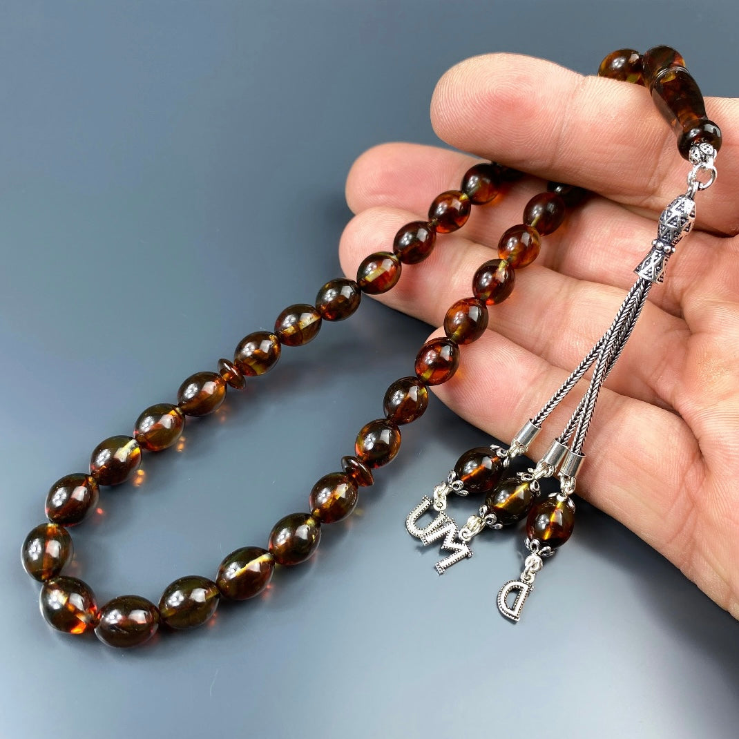 Kehribar Tesbih Beyzi Braun 3 Buchstaben 925 Silber