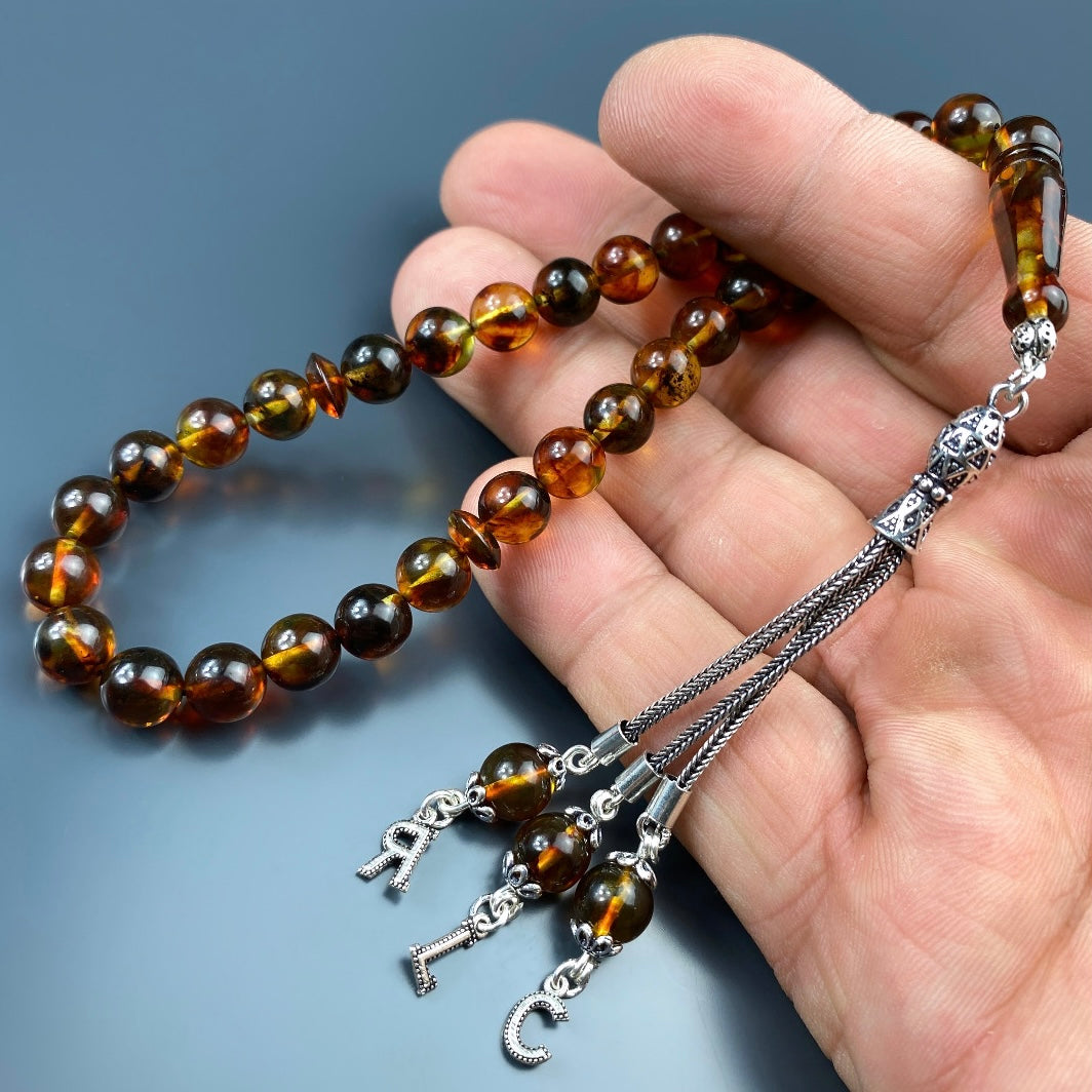 Kehribar Tesbih Braun 3 Buchstaben 925 Silber