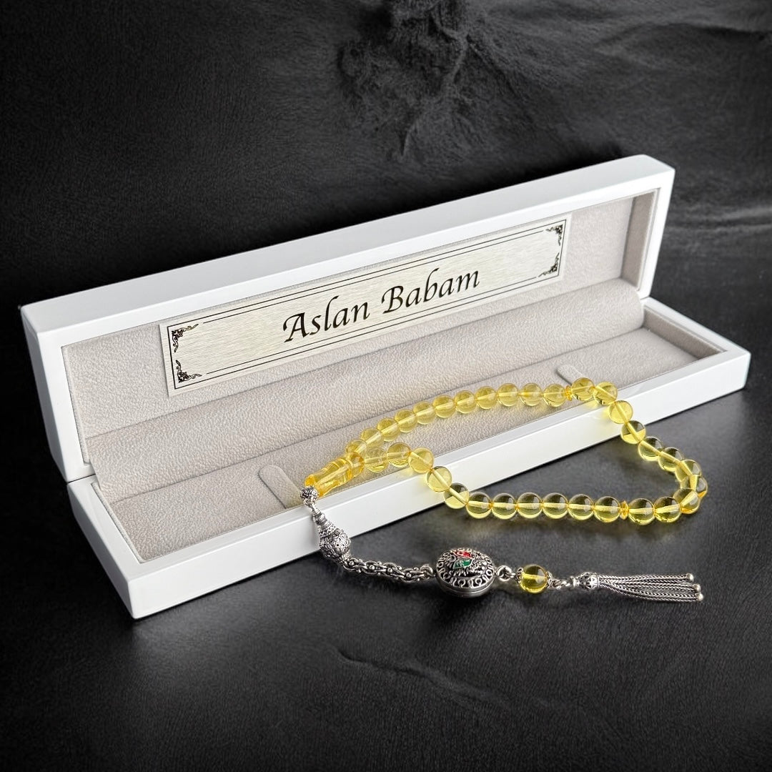 Original Kehribar Tesbih Gelb Özel Püskül Osmanli Arma Logo 925 Silver