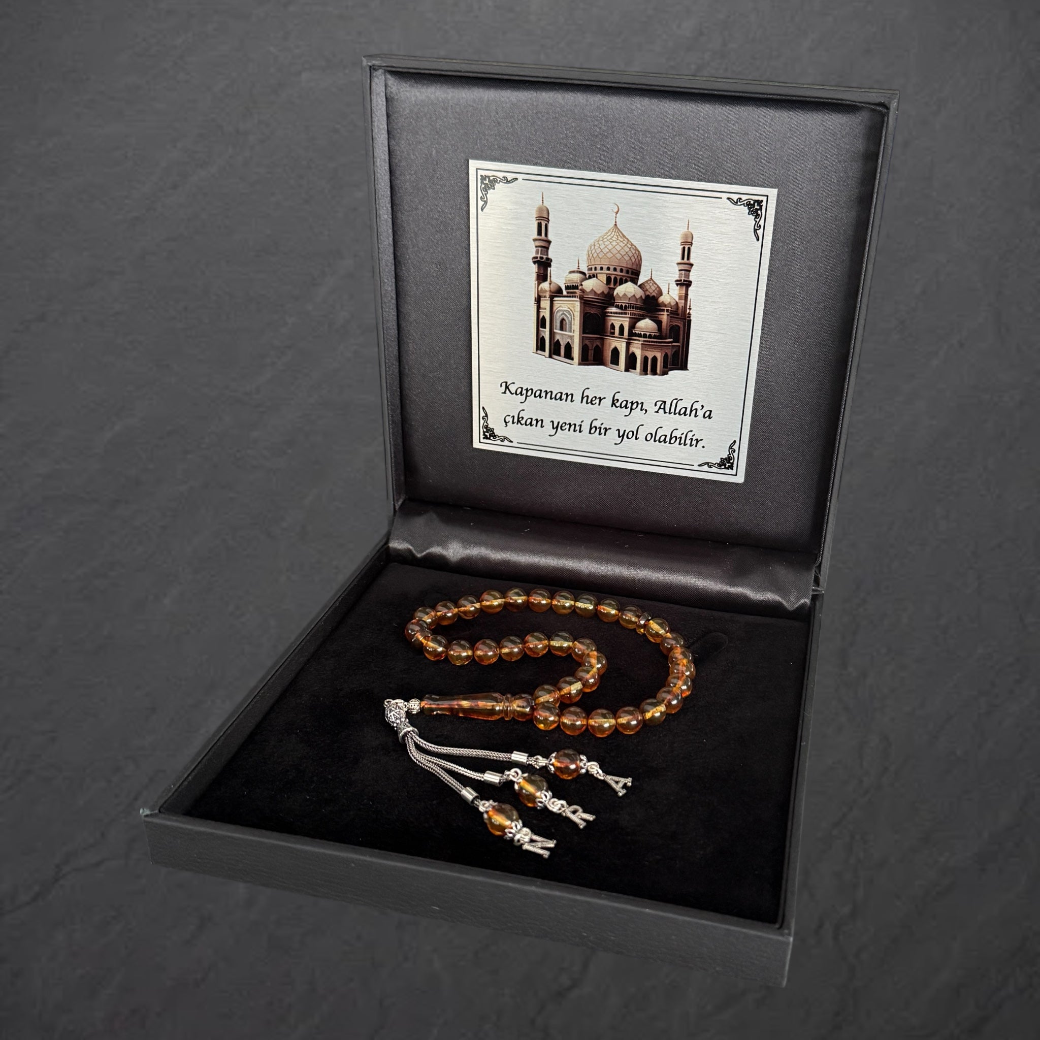 Kehribar Tesbih mit Namen aus echtem Bernstein und 925 Silber
